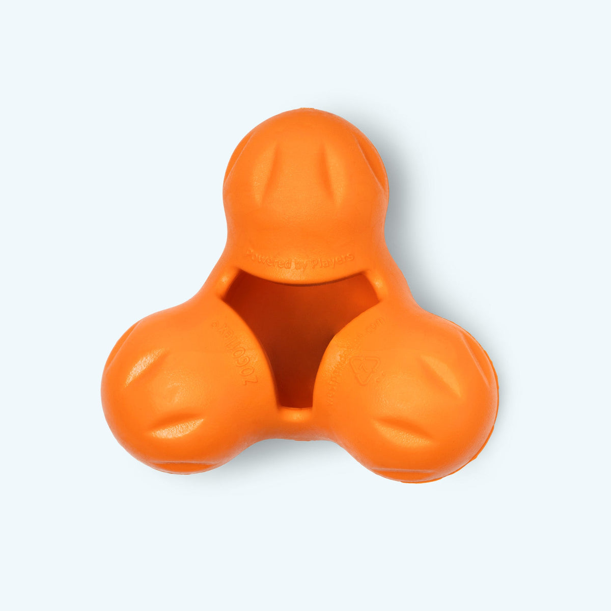 West Paw Tux treat toy in tangerine, Small size, a solid three-lobed Zogoflex toy with an open center pocket