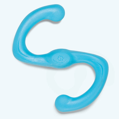 Large Bumi tug toy in aqua blue, top view of the S shape and center paw print