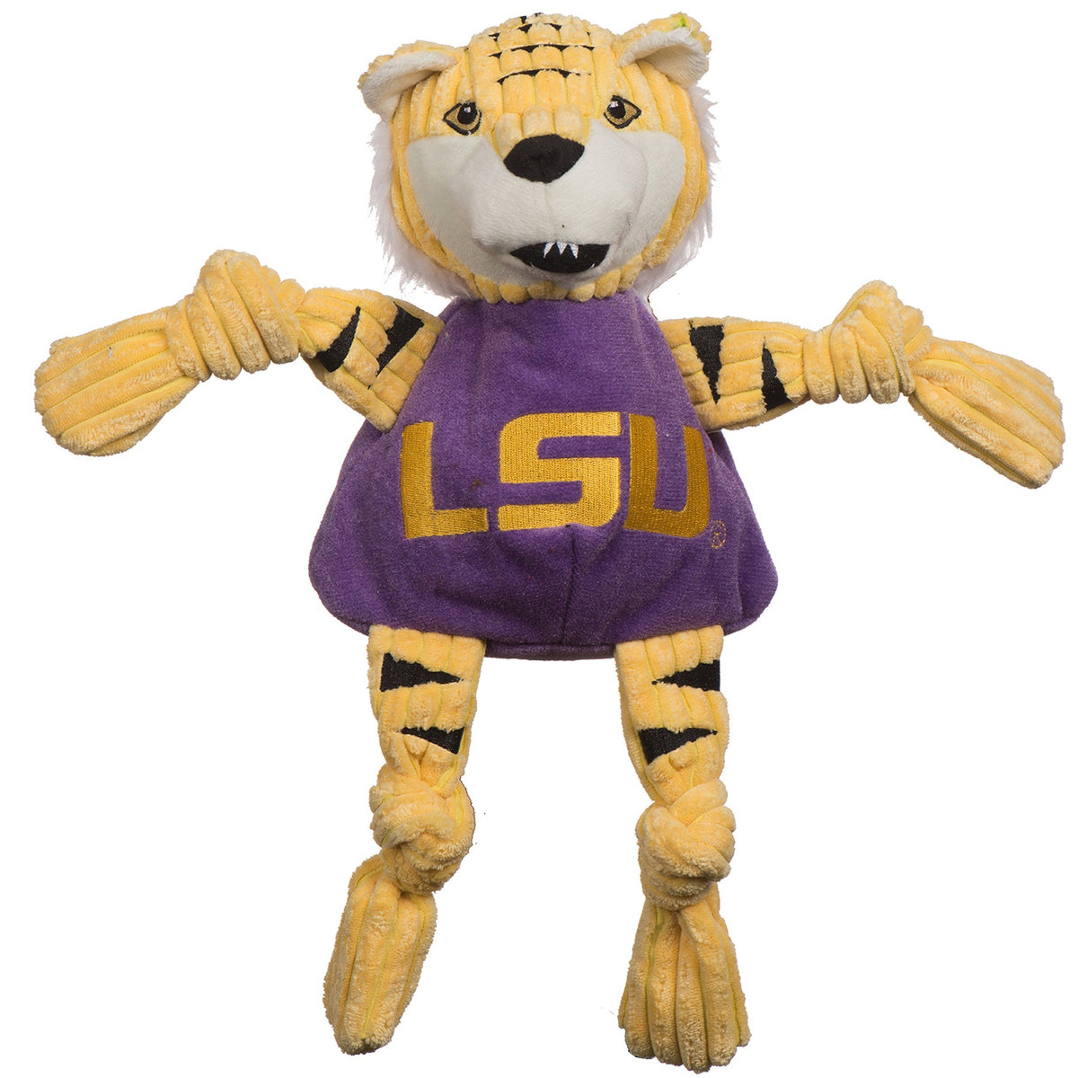 Mike the Tiger Knottie dog toy, front view with black-striped gold arms and legs tied in knots