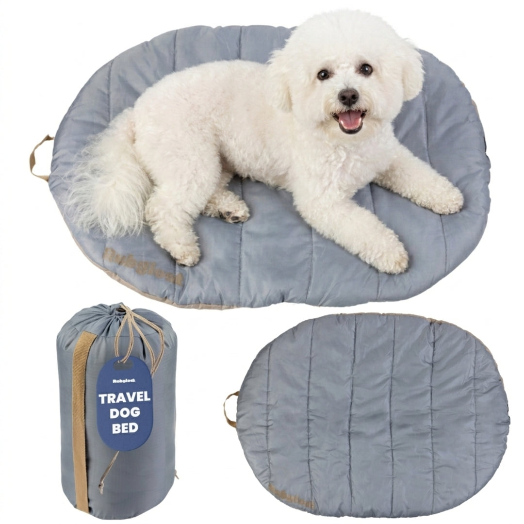 Packable travel dog bed in Foggy Trail Grey, Small, with a bichon on it and the gray carry sack with tan strap