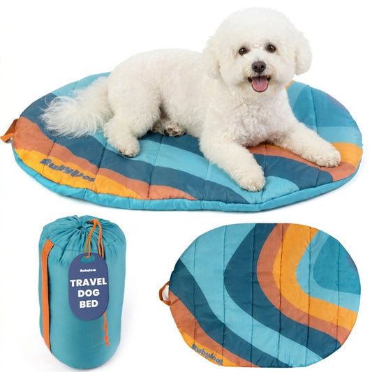 Rubyloo packable travel dog bed in Sunset Surf Teal, Small, with a bichon lying on it, its carry sack and the flat pad