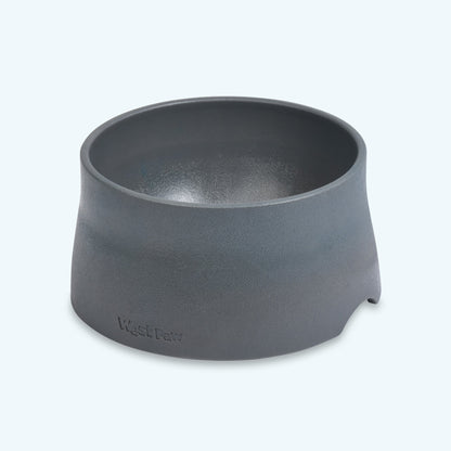 West Paw Non-Slip Bowl in sea fog gray, side view showing the flared base and embossed logo