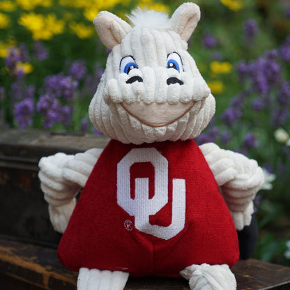 Sooner Knottie dog toy close-up in front of purple and yellow flowers, smiling face over the crimson OU shirt