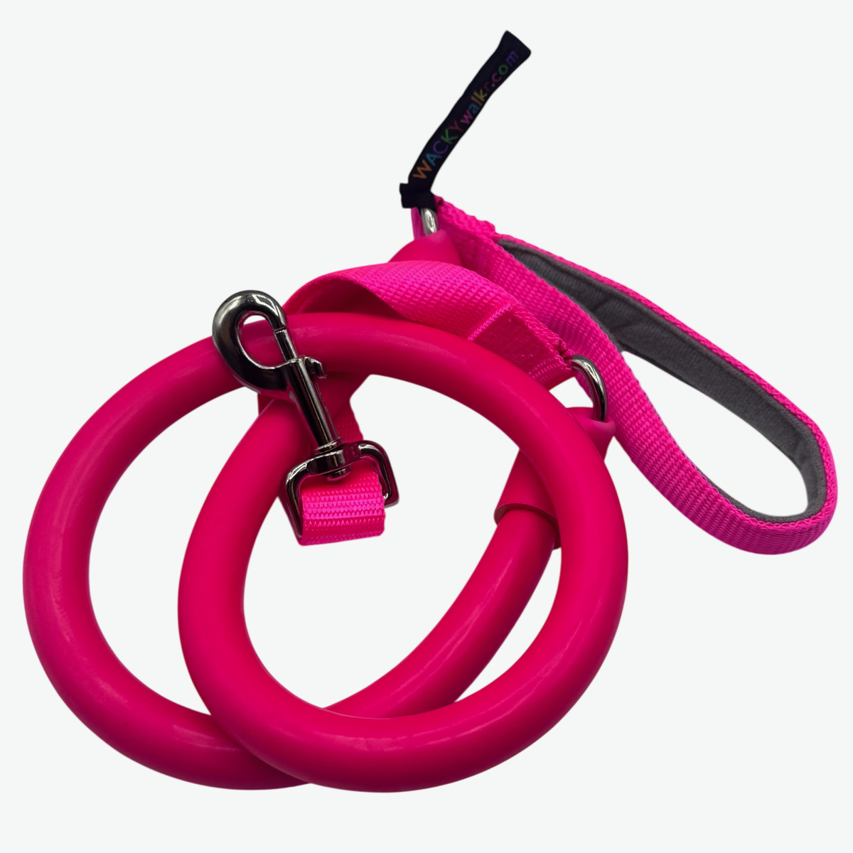 WUNDERleash stretch leash in pink, coiled, with gray-lined padded handle and clip