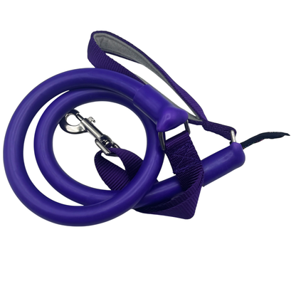 WUNDERleash stretch leash in purple, coiled, showing the rubber tube and padded handle