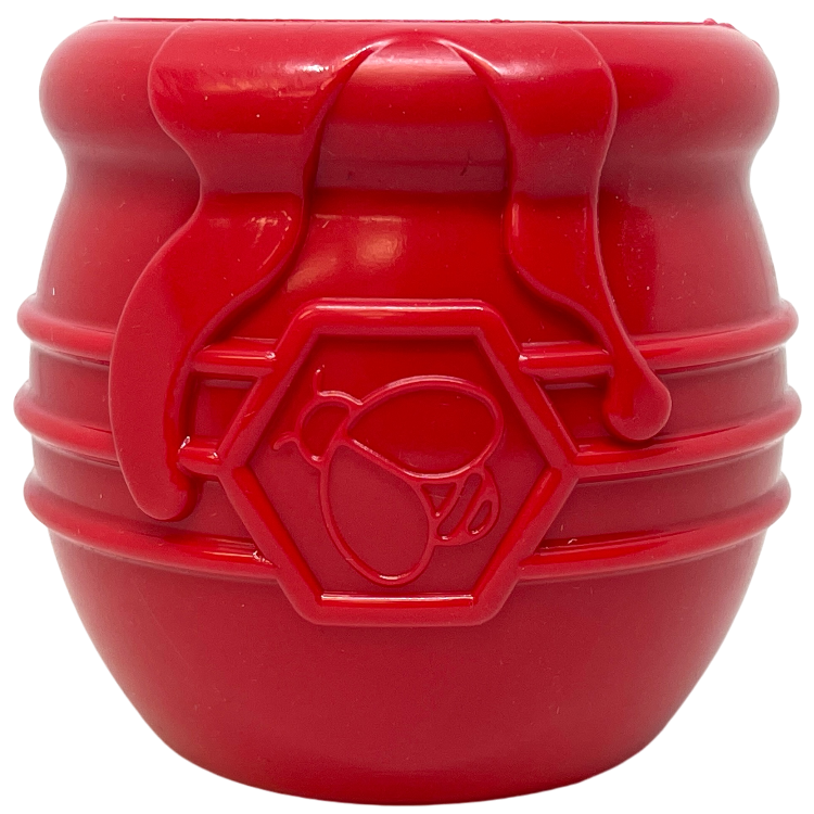 SodaPup Honey Pot Treat Cup in red, front view of the bee emblem and drip details