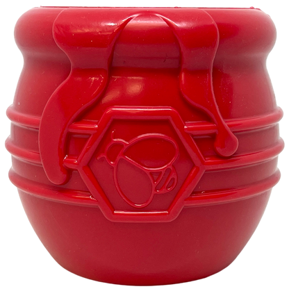 SodaPup Honey Pot Treat Cup in red, front view of the bee emblem and drip details