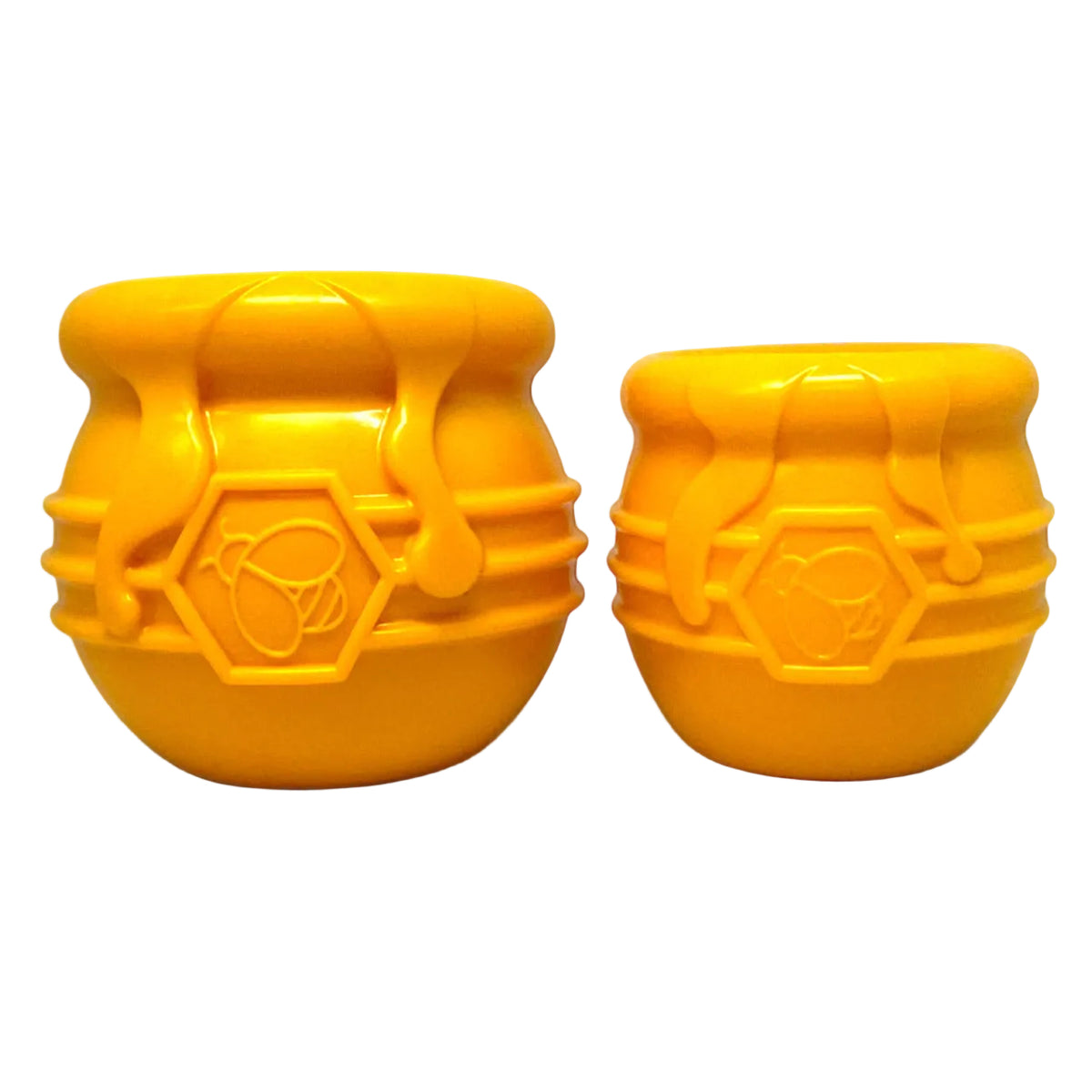SodaPup Honey Pot Treat Cup in yellow, XL and Large sizes side by side with the bee emblem and honey-drip design