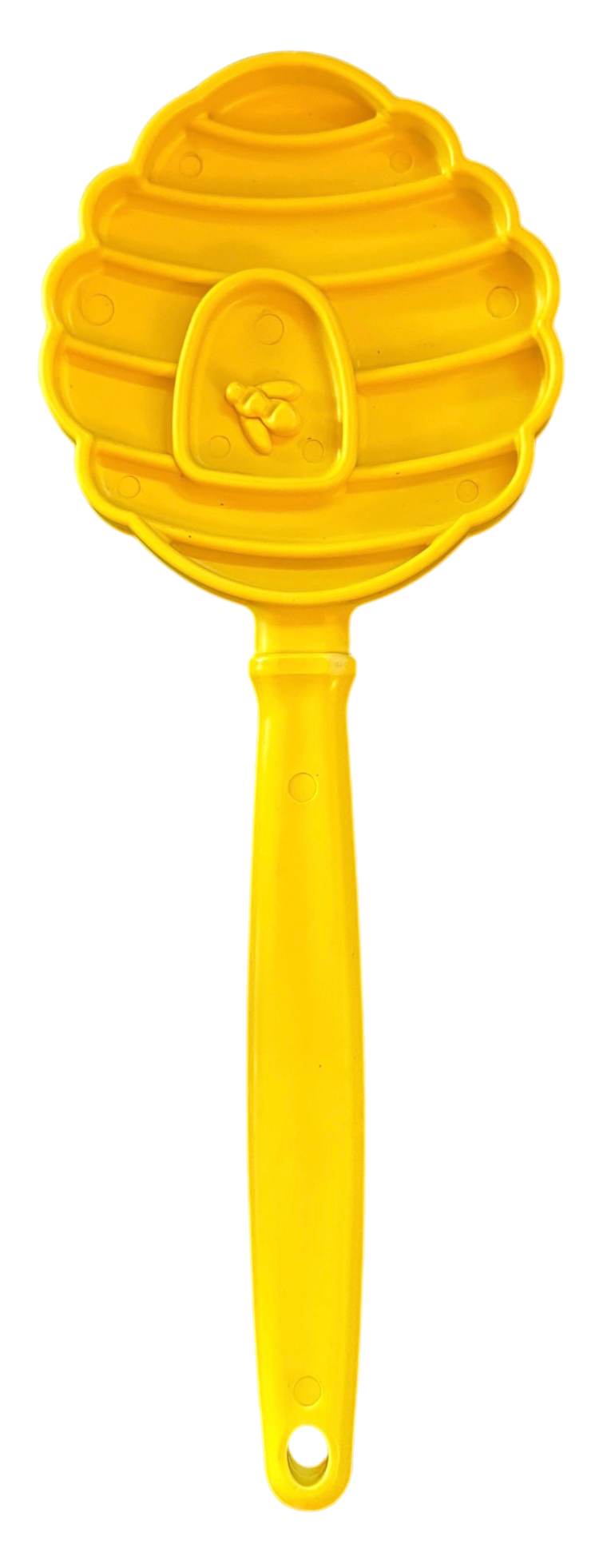 SodaPup eStick hand-held lick stick in the yellow beehive design, front view of the textured head and handle, on white