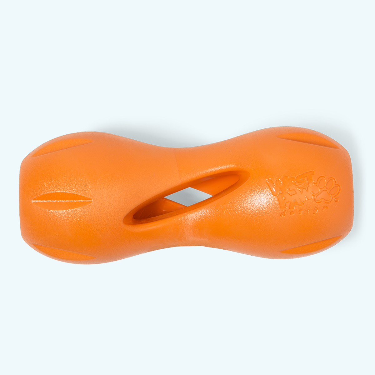 Large Qwizl treat holder in tangerine, top view of the side opening and embossed logo