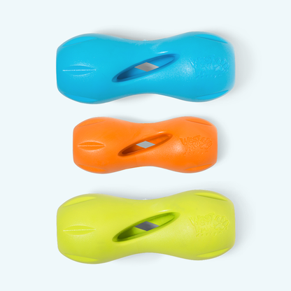 Three Qwizl treat holders in aqua blue, tangerine, and granny smith green, stacked top to bottom