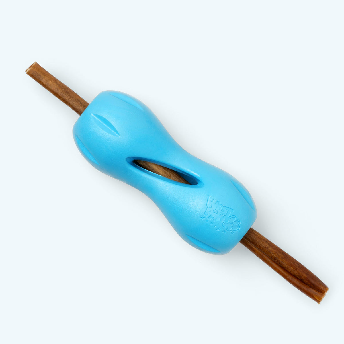 Aqua blue Qwizl treat toy shown with a bully stick through the center, both ends sticking out
