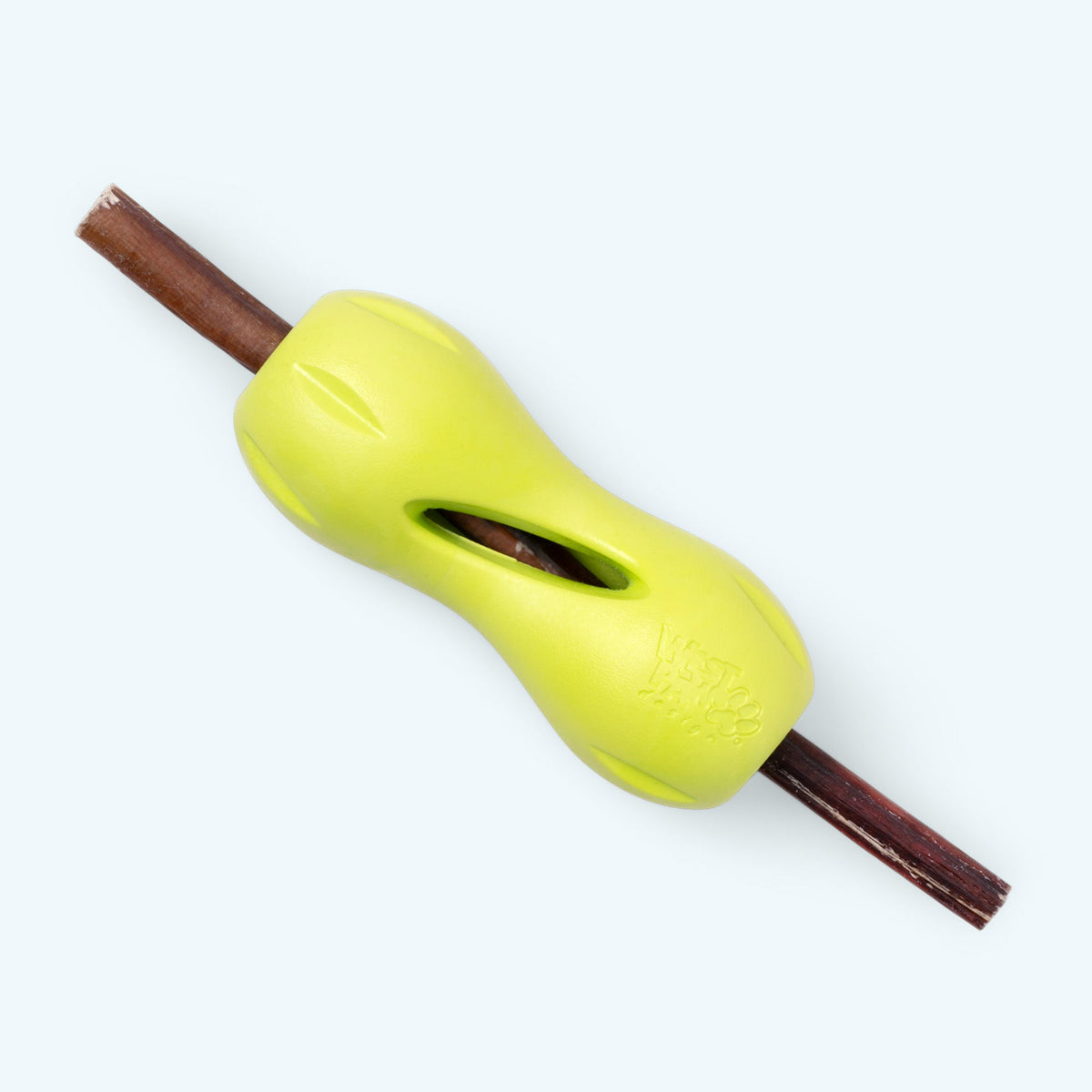Granny smith green Qwizl treat toy shown with a bully stick through the center