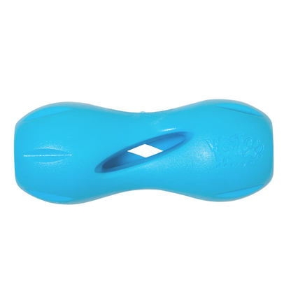 West Paw Qwizl treat holder dog toy in aqua blue, Large size, top view of the angled side opening