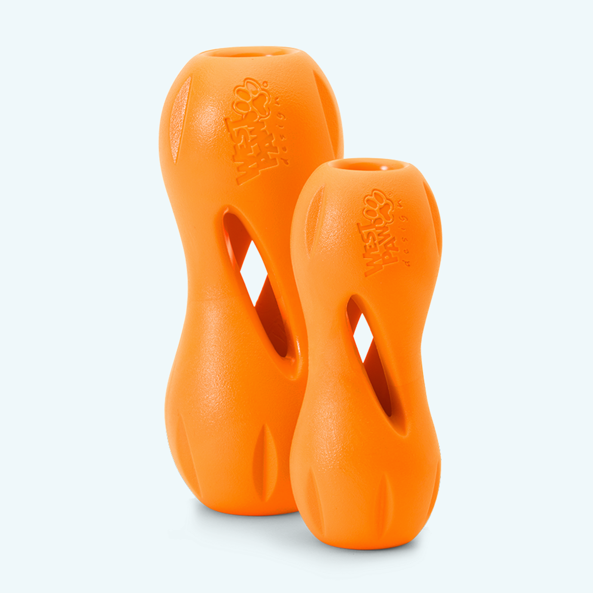 Large and Small Qwizl treat holders in tangerine standing upright, showing the open ends