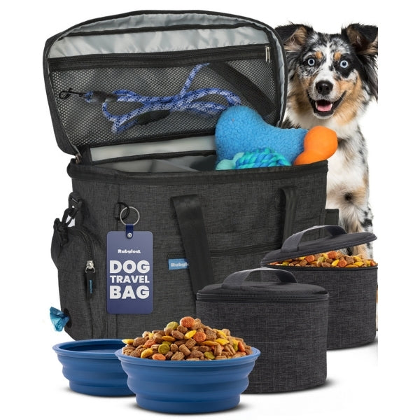 Original Doggy Bag in charcoal with matching food containers, blue collapsible bowls and an Australian shepherd