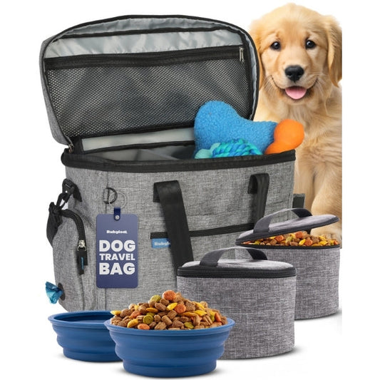 Rubyloo Original Doggy Bag dog travel bag in grey, lid open, with two food containers, two blue bowls and a golden puppy