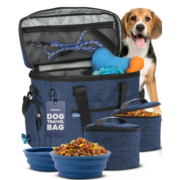 Original Doggy Bag in navy with matching food containers and blue bowls, a beagle peeking over the top