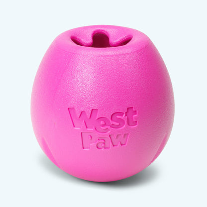 Rumbl treat dispenser in hot pink, Large size, close front view with the West Paw logo