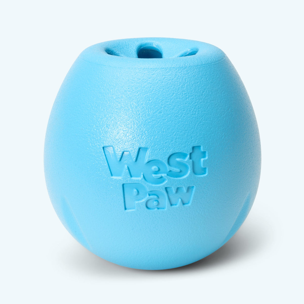 Rumbl treat dispenser in aqua, Large size, front view of the egg shape and embossed logo