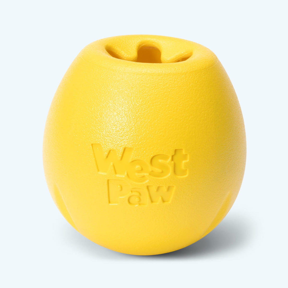 Rumbl treat dispenser in dandelion yellow, Large size, front view of the rounded egg shape