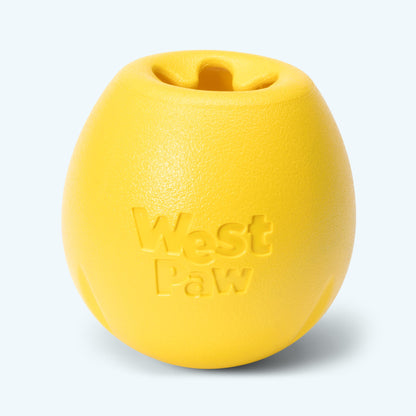 Rumbl treat dispenser in dandelion yellow, Large size, front view of the rounded egg shape
