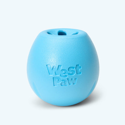 West Paw Rumbl treat dispenser in aqua, Small size, an egg-shaped Zogoflex kibble toy with a wavy top opening