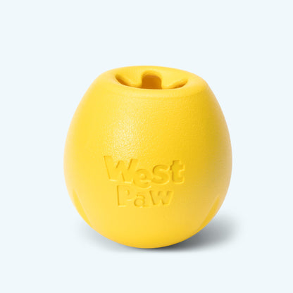 Rumbl treat dispenser in dandelion yellow, Small size, upright front view