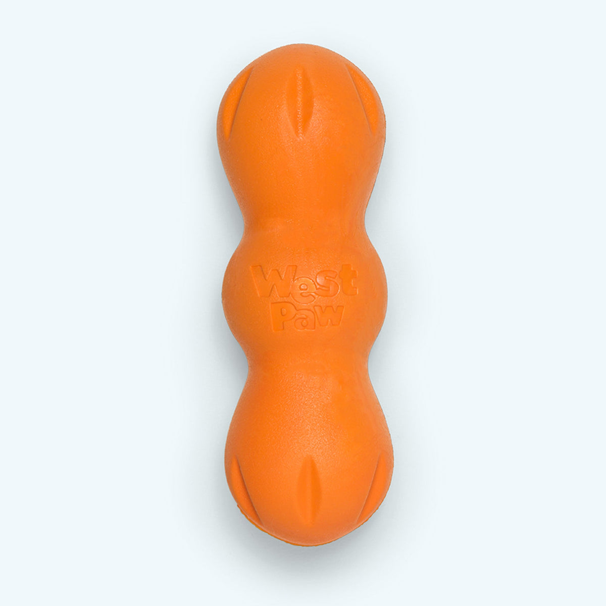 Rumpus chew toy in tangerine, Medium size, upright view of its three rounded lobes