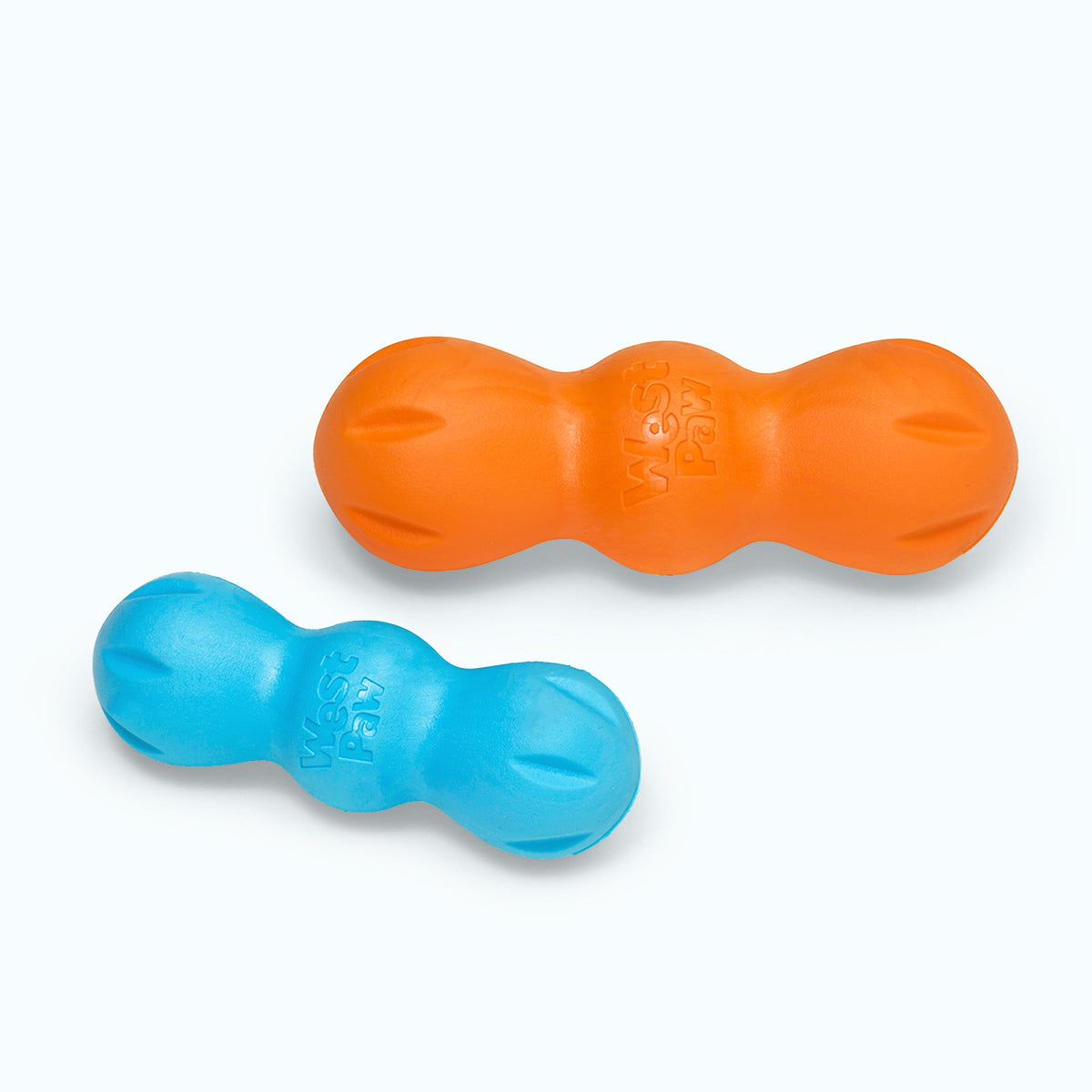 Rumpus chew toys in tangerine and aqua blue, two sizes side by side