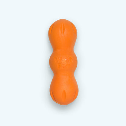 West Paw Rumpus chew toy in tangerine, Small size, top view of the three solid lobes and embossed logo
