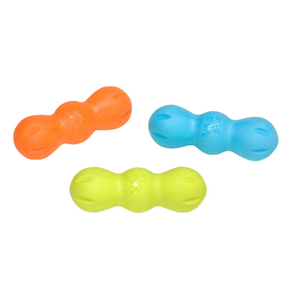 Rumpus chew toys in tangerine, aqua blue and granny smith green, three laid out together