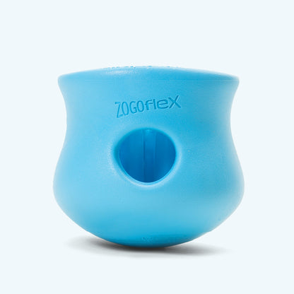 Aqua blue West Paw Toppl from the side, showing the Zogoflex label and the round side hole