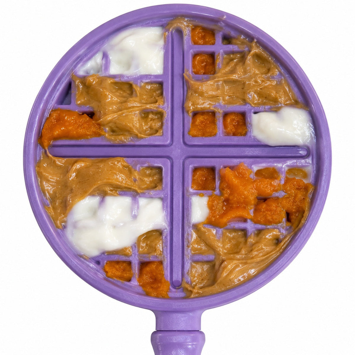 eStick waffle head in pastel purple loaded with peanut butter, yogurt and pumpkin, top view