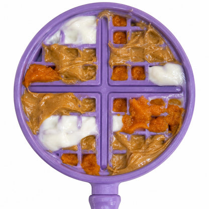 eStick waffle head in pastel purple loaded with peanut butter, yogurt and pumpkin, top view