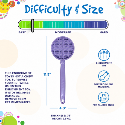 eStick lick stick size chart: 11.5 in long, 4 in head, 0.75 in thick, 2.9 oz, shown with the purple waffle design