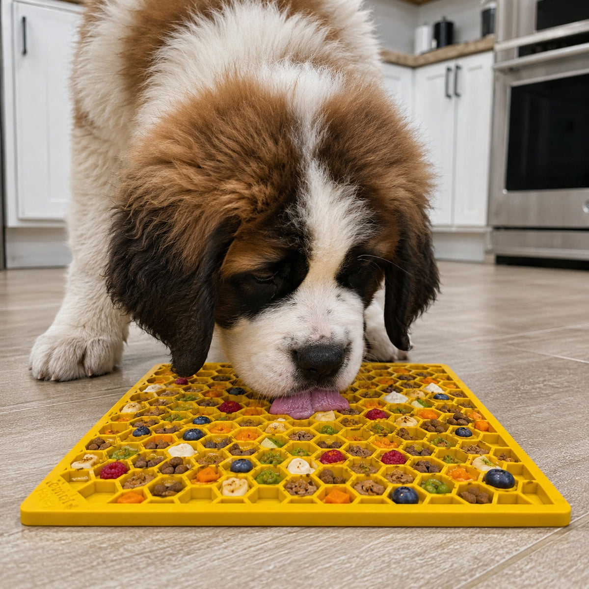 Saint Bernard puppy licking a filled yellow SodaPup Honeycomb eMat on a kitchen floor