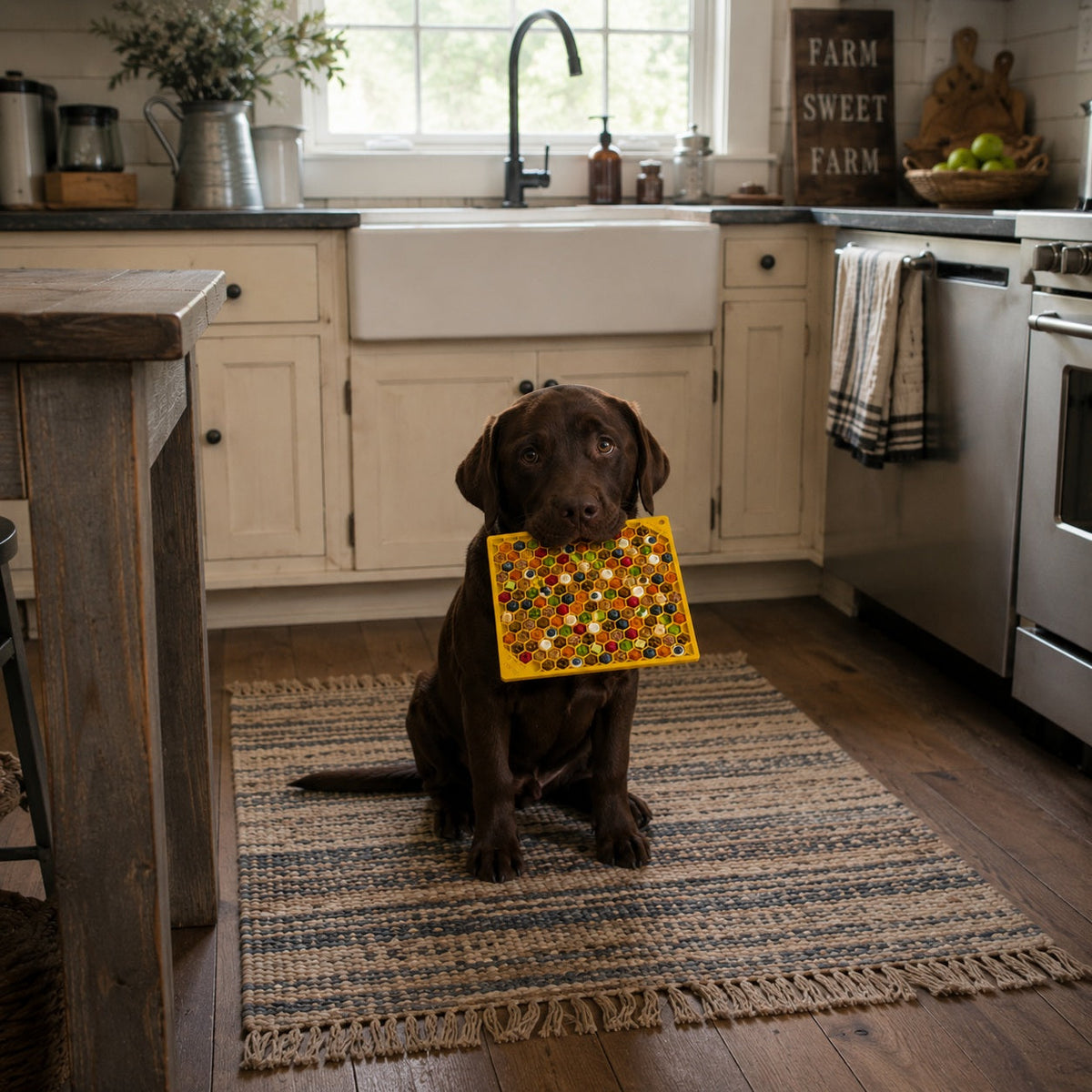 Chocolate Labrador puppy sitting on a kitchen rug holding a filled SodaPup Honeycomb eMat in its mouth