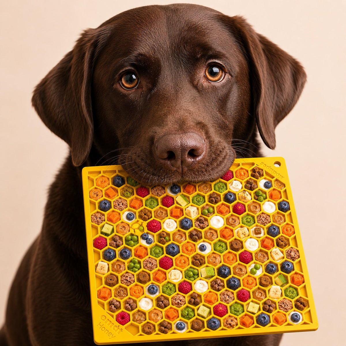 Chocolate Labrador holding a yellow SodaPup Honeycomb eMat filled with fruit and treats in its mouth