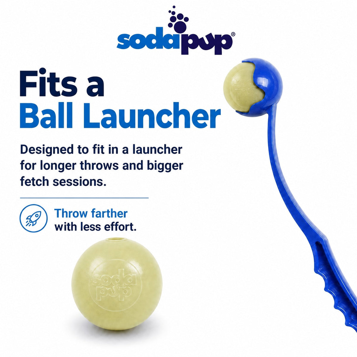 SodaPup Glitter Ball in glow in the dark, pale cream in daylight, shown loose and seated in a ball launcher