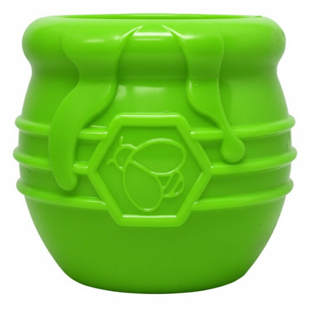 SodaPup Honey Pot Treat Cup in apple green, front view with the honey drips and bee emblem