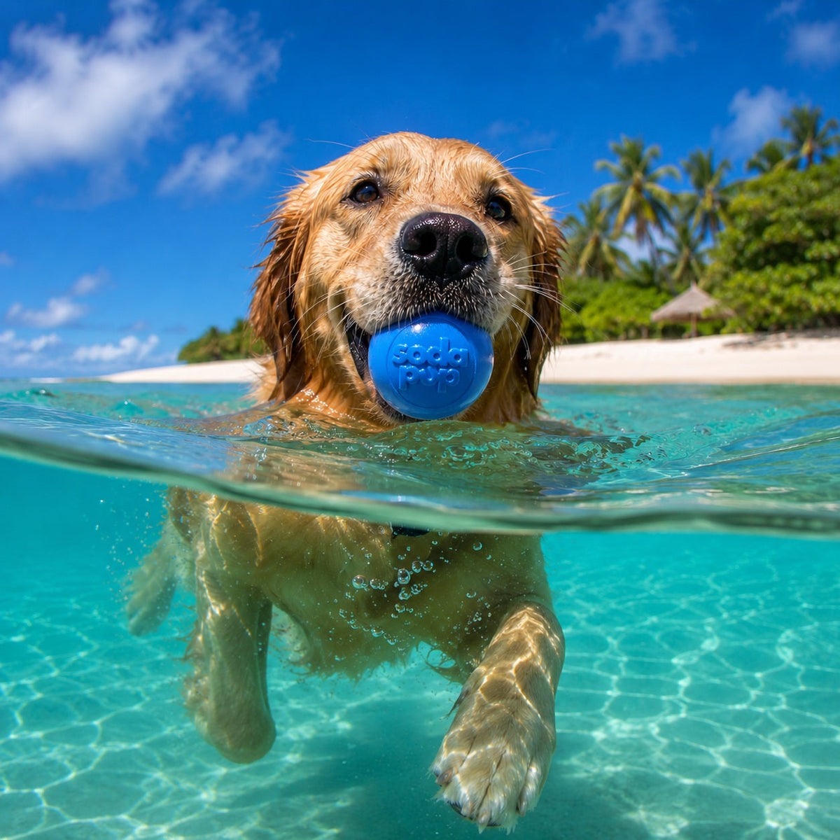Golden retriever swimming in clear shallow water with a light blue SodaPup Squeak Ball in its mouth