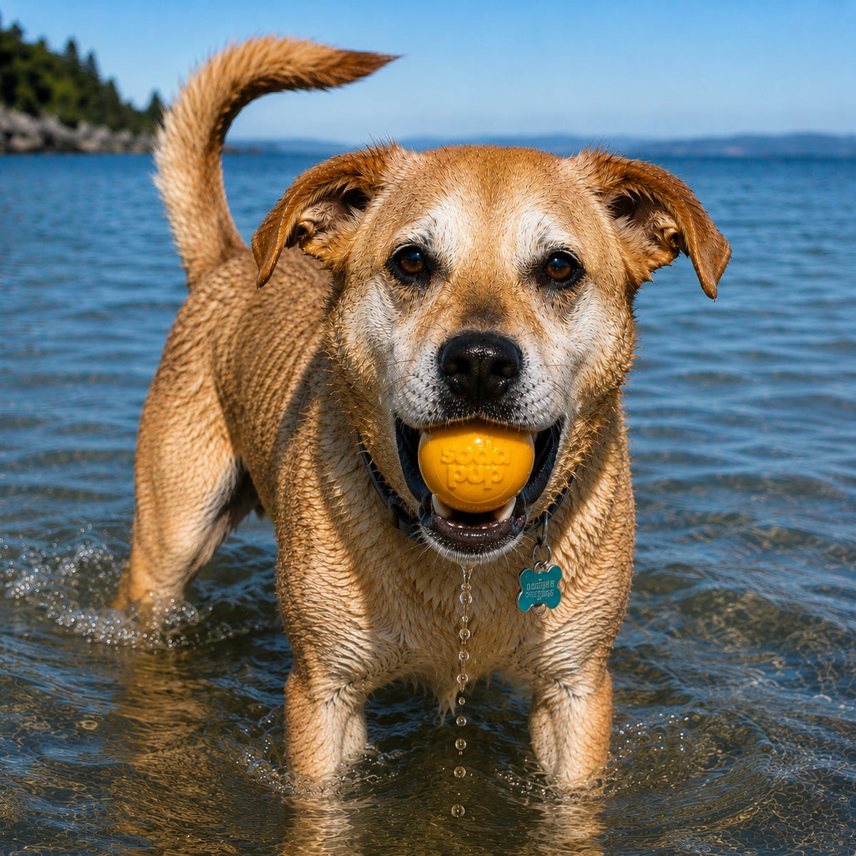 Tan dog standing in a lake holding a yellow SodaPup Squeak Ball in its mouth