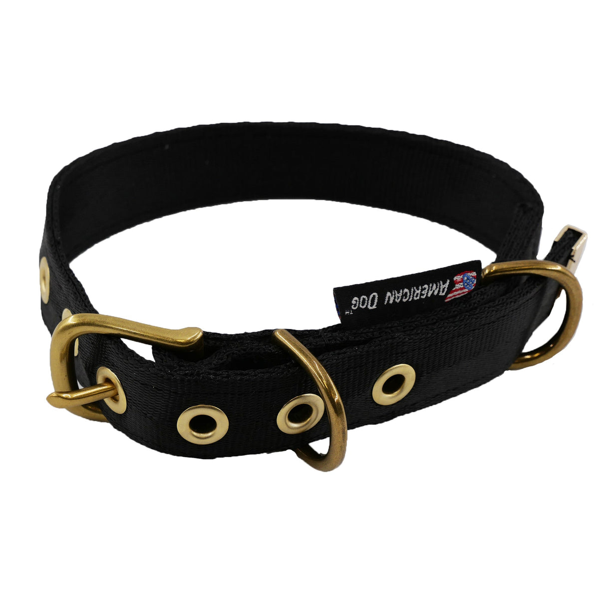 American Dog seatbelt webbing dog collar in black, angled view of the brass buckle and grommets on a white background