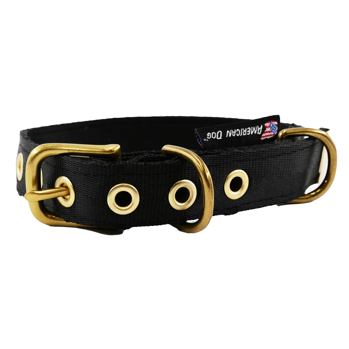 Seatbelt webbing dog collar in black, front view of the brass buckle, grommets and American Dog tag