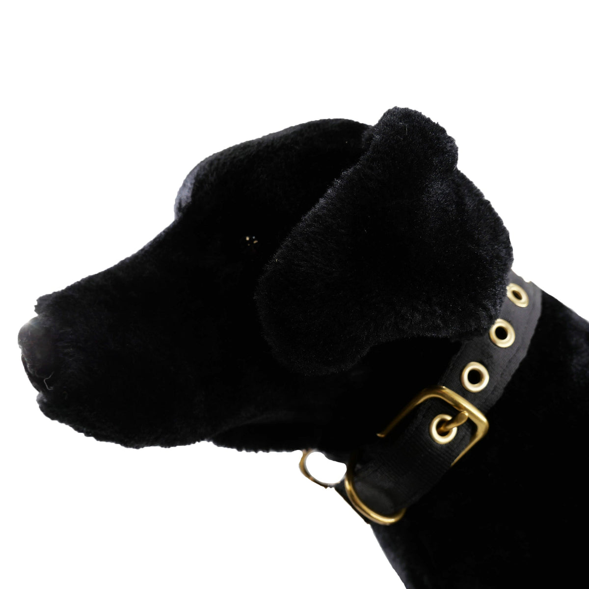 Seatbelt webbing dog collar in black, buckled on a black plush dog model