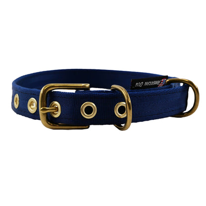 Seatbelt webbing dog collar in navy with brass buckle and grommets, front view