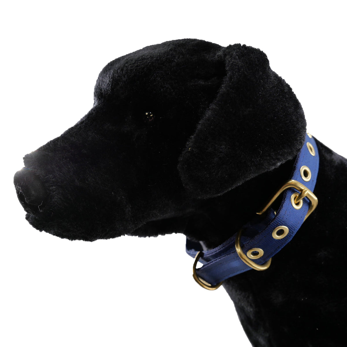 Seatbelt webbing dog collar in navy, buckled on a black plush dog model