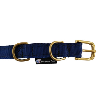 Seatbelt webbing dog collar in navy laid flat, close-up of the brass buckle, stitching and American Dog label