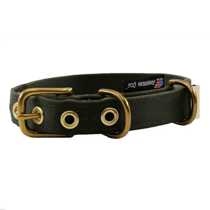 Seatbelt webbing dog collar in olive green, front view of the brass buckle and American Dog tag